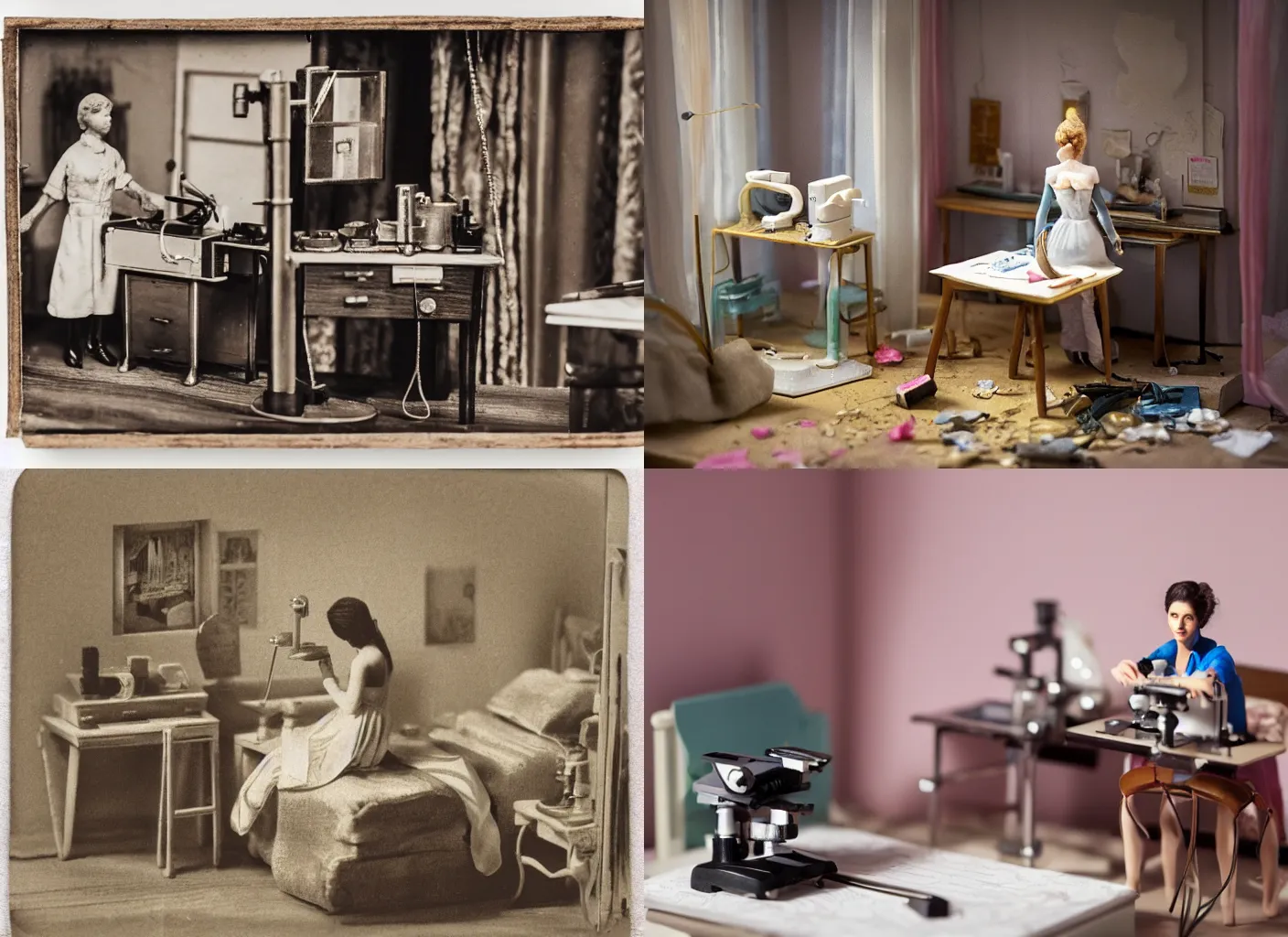 Prompt: Photo Microscope, diorama of a woman in her room.