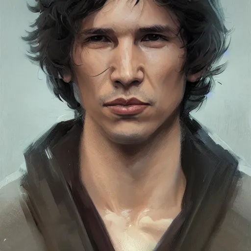 Image similar to portrait of a man by greg rutkowski, ben solo, messy black hair, tall and slender, star wars expanded universe, he is about 3 0 years old, wearing a flying jacket, friendly and trustworthy, highly detailed portrait, digital painting, artstation, concept art, smooth, sharp foccus ilustration, artstation hq