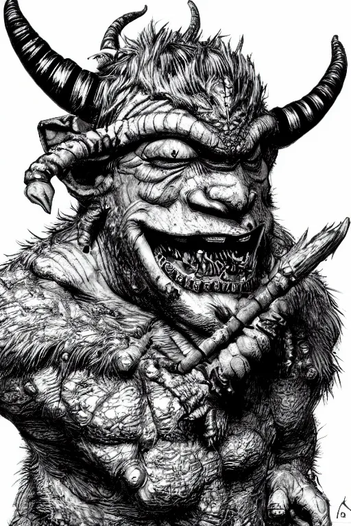 Image similar to hunched troll with a horn on his head, fantasy, highly detailed, digital art, sharp focus, trending on art station, kentaro miura manga art style