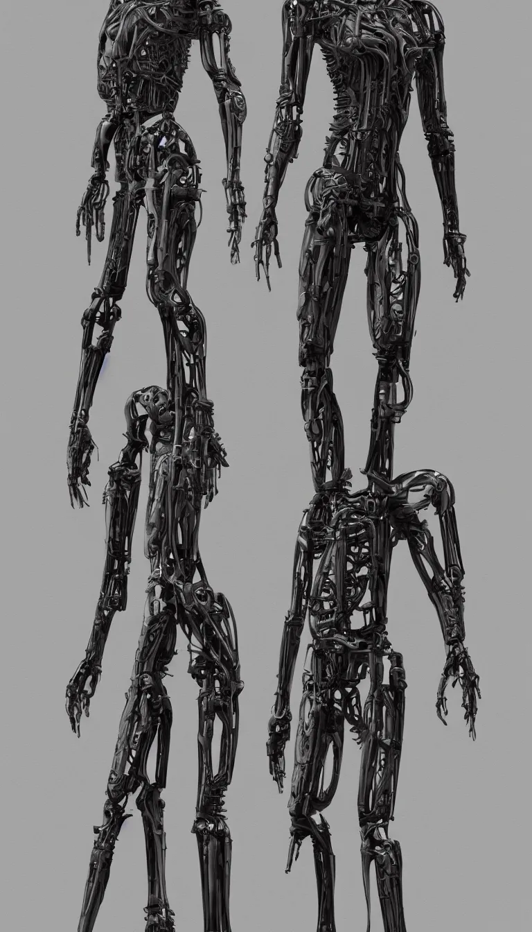 Prompt: full body full height, elegant h. r. giger cyborg, default pose. super high resolution photo. symmetrical. orthographic engineering. front view.