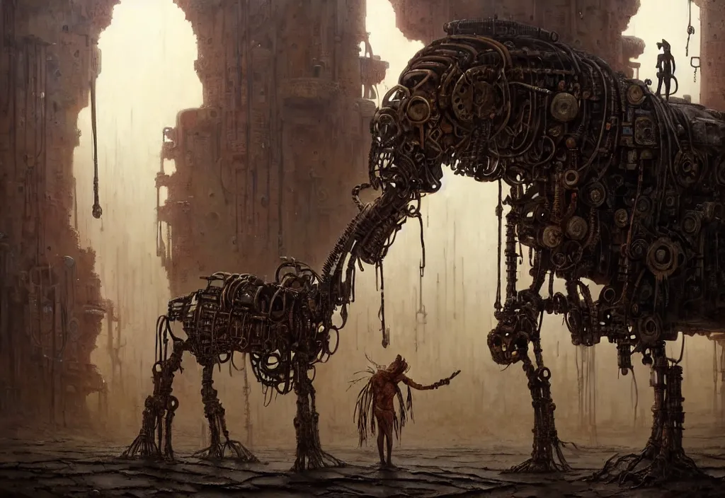 Prompt: A human in shamanistic robes performs a magical ritual to resurrect a mechanical horse inside a ancient steel ruins are covered with barchans of sand. Art by Finnian MacManus, Simon Stalenhag, Arthur Rackham. Masterpiece, closeup, fantasy art, cinematic, hyperdetailed, photorealistic, cyberpunk, postapocalyptic, steampunk, hyperrealism, octane render, 8k