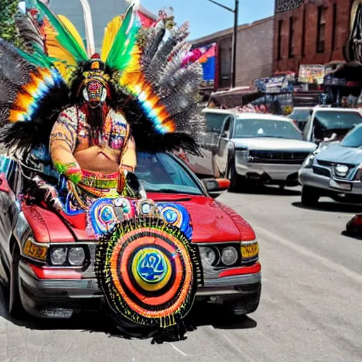 Prompt: full body photo of an indigenous chologoth shaman dressed with a quetzalcoatl feathered serpent dancing over a lowrider police patrol in brooklyn