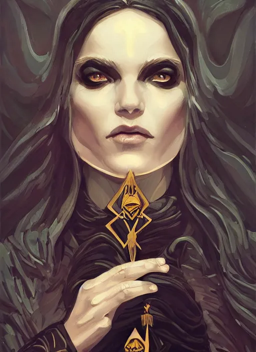 Image similar to tarot!!, high priestess, no noise, elegant, concept art, sharp focus, beautiful face!!, digital art, smooth defined outlines!!, human anatomy, human structure, vector background, dark fantasy, by Brom, trending on Artstation, Tom Bagshaw, Sargent