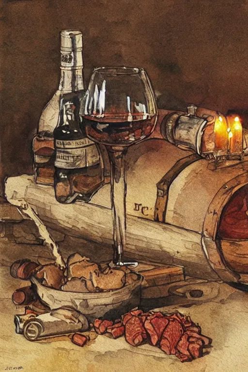 Image similar to pork, meat, schnapps, wine, candle on a barrel in a cellar, watercolor painting by anderz zorn and carl larsson