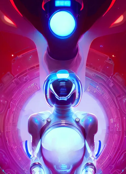 Image similar to a futuristic cyber astronaut, sci fi, glowing aura, volumetric lights, red and cyan theme, art nouveau alien botanicals, intricate, highly detailed, digital painting, artstation, concept art, smooth, sharp focus, cinematic, illustration, beautiful face, art by artgerm and greg rutkowski and alphonse mucha, white background