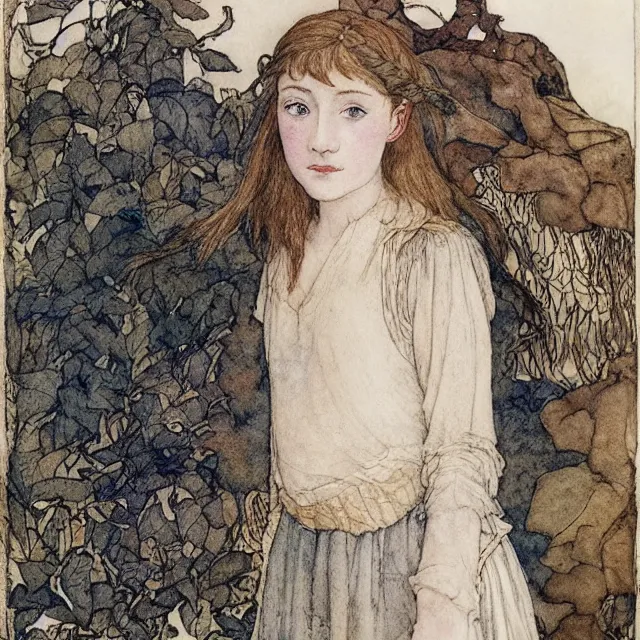 Prompt: a detailed, intricate watercolor and ink portrait illustration with fine lines of young 1 4 year old saoirse ronan looking over her shoulder, by arthur rackham and edmund dulac and walter crane