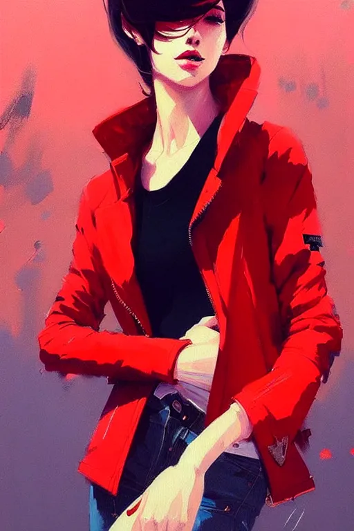 Prompt: a ultradetailed beautiful painting of a stylish woman in a red jacket, by greg rutkowski, conrad roset and ilya kuvshinov trending on artstation