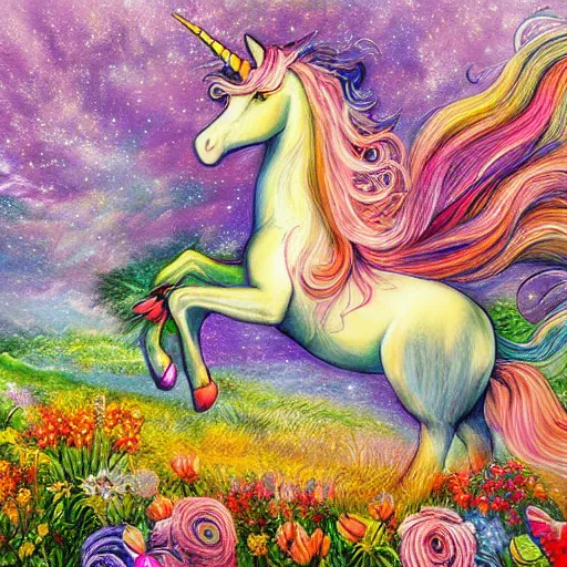 Prompt: beautiful unicorn with long flowing mane standing in field of flowers, detailed painting in the style of josephine wall 4 k