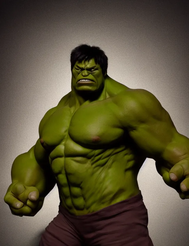 Image similar to photo of hulk but he's fat and has no muscles, 8 5 mm f / 1. 8, bokeh, backlit