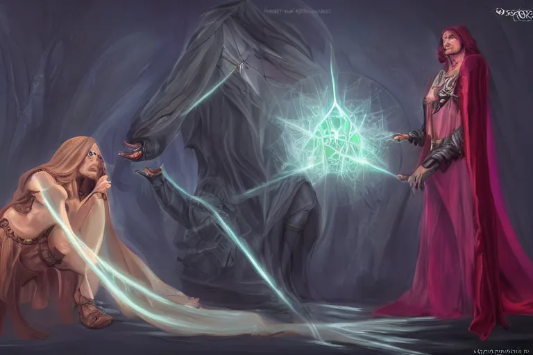 Image similar to the dark sorceress bestows her magic upon her disciple, which is kneeling in front of her, concept art, trending on artstatio HD