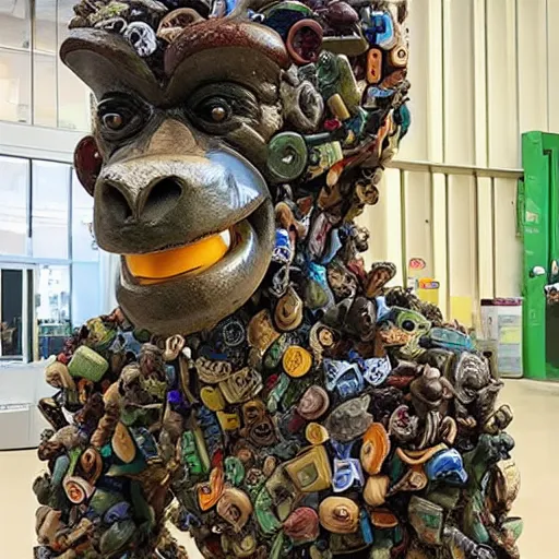 Prompt: A sculpture made of recycled materials but with perfect definition, 🍄🦍