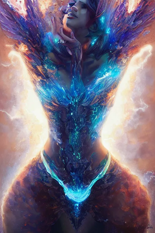 Image similar to torso closeup model wearing exploding fire crystal dress, fire exploding from head, sorcerer, diamonds, angel, fantasy, dramatic lighting, highly detailed, digital painting, holding electricity, magic the gathering, hyper detailed, 3 d render, hyper realistic detailed portrait, peter mohrbacher, wlop, ruan jia