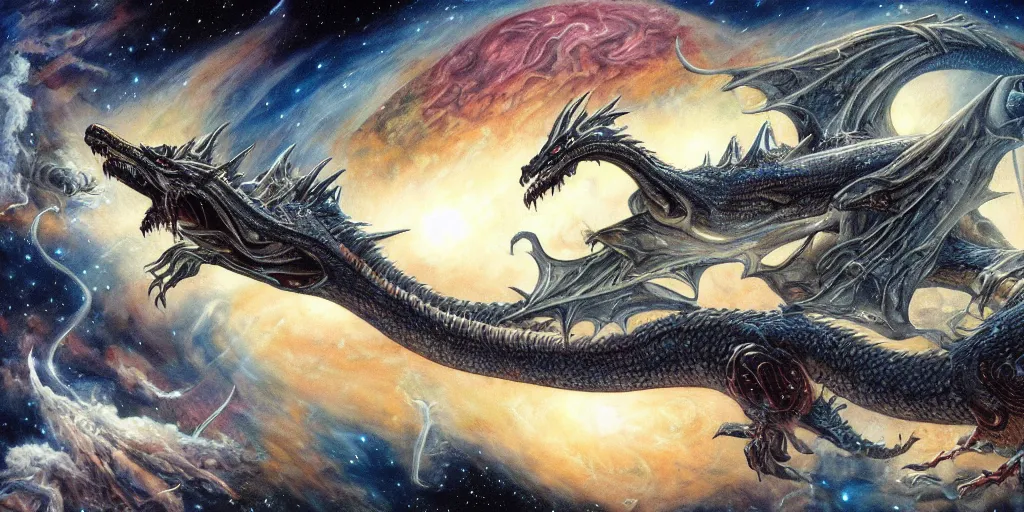 Prompt: cinematic shot of an alien dragon flying in outer space, Dan Seagrave art