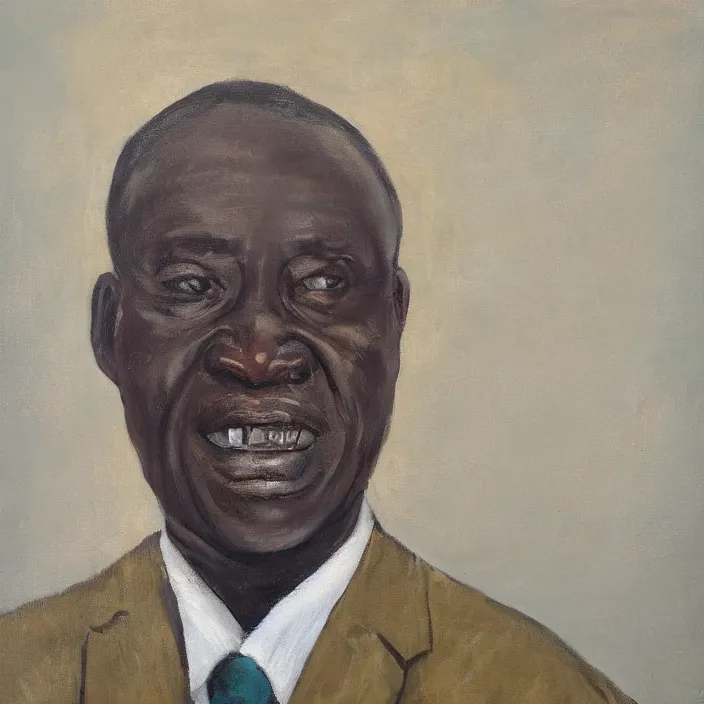 Image similar to a painting of a fatherly, aquiline nose, wide forehead, round face, XXL , loving, caring, generous, ever-present, humble, wise elder from Kenya with a friendly expression in a suit by Lynette Yiadom-Boakye . Fatherly/daddy, focused, loving, leader, relaxed,. ethereal lights, details, smooth, sharp focus, illustration, realistic, cinematic, artstation, award winning, rgb , unreal engine, octane render, cinematic light, macro, depth of field, blur, red light and clouds from the back, highly detailed epic cinematic concept art CG render made in Maya, Blender and Photoshop, octane render, excellent composition, dynamic dramatic cinematic lighting, aesthetic, very inspirational, arthouse.