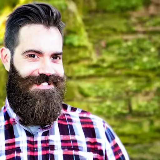 Prompt: Man in his 30s with a beard, wearing lumberjack shirt, smiling, touching his thick glasses