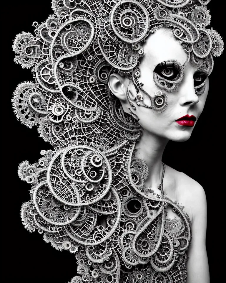 Image similar to surreal black and white photo portrait of complex bio-mechanical beautiful young female vegetal-cyborg with a Mandelbrot fractal metal fine lace face, curled silver hair, bright red lips, 150 mm lens, soft rim light, fine metal floral foliage super big lace collar by Alexander McQueen, high fashion, haute couture, rococo, steampunk, silver filigree details, anatomical, facial muscles, cable wires, microchip, elegant, hyper realistic, octane render, unreal engine, in the style Dora Maar, volumetric lighting, 8k, radiant energy aura, retrofuturistic depressing hopeless vibe