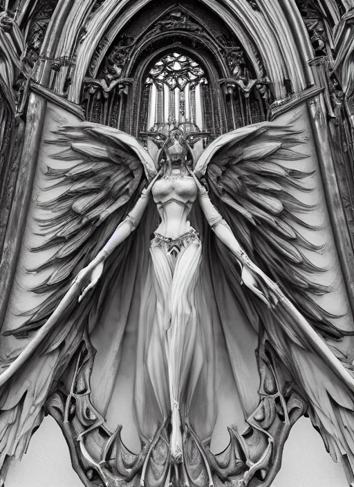 Image similar to Fine Art photo of a ancient sculptural demonic female Angel, rucifer, gothic and baroque sculpture, wearing long veil dress, six long wings, fallen angel with shadowy halo, in the large gothic cathedral , ornate, intricate and low contrast detailed, Guillermo del Toro style, full body portrait, hyper realistic, zbrush, epic perspective, octane render, volumetric light, cinematic lighting, cinematic detail, composition, photorealistic, render in unreal engine 5, 8k render, art sculpture, bone, ultra detailed technical precision, rule of third, dark epic scene