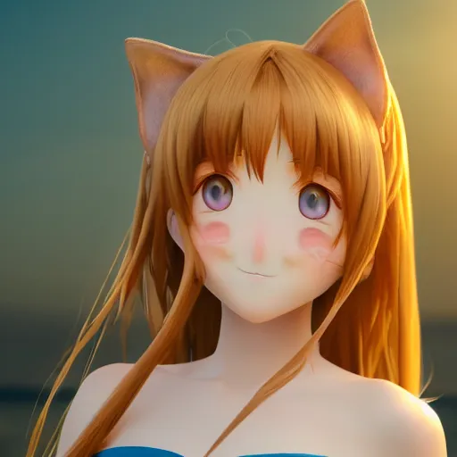 Image similar to Render of a very beautiful 3d anime girl, long hair, hazel eyes, cute freckles, full round face, cat ears, short smile, cute sundress, golden hour, serene beach setting, medium shot, mid-shot, highly detailed, trending on Artstation, Unreal Engine 4k