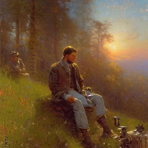 Prompt: Gaston Bussiere and Thomas Kinkade painting of tired and battered soldiers looking up and observing the first rays of sunlight during dawnbreak, dramatic painting, dark, scary, hopeful