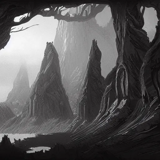 Prompt: symmetrical fantasy landscape, line art by greg rutkowski, b & w