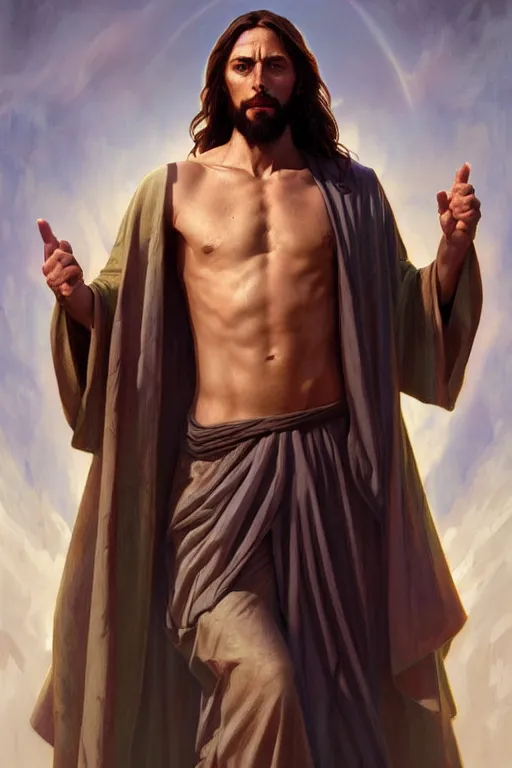 Image similar to jesus christ as an action hero, realistic portrait, symmetrical, highly detailed, digital painting, artstation, concept art, smooth, sharp focus, illustration, cinematic lighting, art by artgerm and greg rutkowski and alphonse mucha