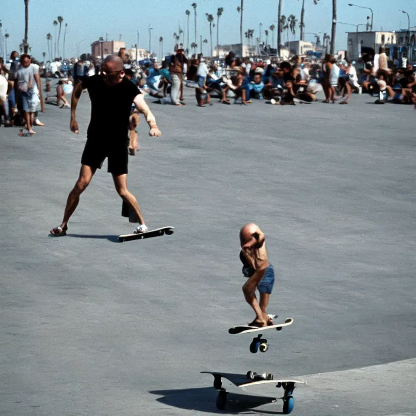 Image similar to Michel Foucault skateboarding at Venice Beach, 1980 street photography color
