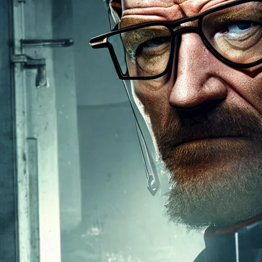 Image similar to Bryan Cranston dressed up as Gordon Freeman for Half Life Movie film still, 4k resolution, 8k resolution, HD Quality, highly detailed, very detailed, detailed, studio quality lighting, digital art, trending on artstation, film still