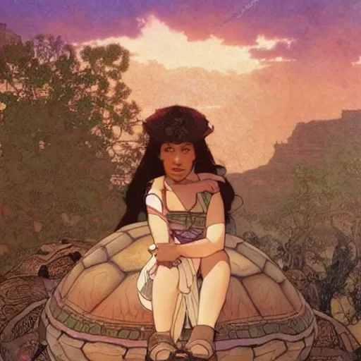 Image similar to a little warrior girl sitting on top of one giant turtle with a wise face that is walking in the desert. the girl has dark skin and beautiful green eyes, realistic full body and a very beautiful detailed symmetrical face with long black hair. diffuse light, dramatic sky and landscape, long shot fantasy illustration by mucha