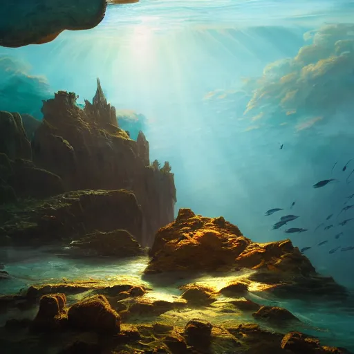 Image similar to underwater box of treasure, beautiful dynamic lighting, cinematic, wide angle establishing shot, extremely high detail, photo realistic, cinematic lighting, post processed, concept art, artstation, matte painting, style by frederic church, raphael lacoste, unreal engine 8k