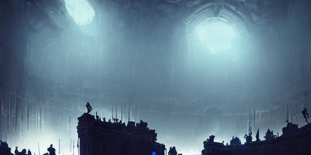 Prompt: gladiator arena with black walls and eerie, mysterious blue lights, high contrast in the style of marcin rubinkowski, greg rutkowski, lorenzo lanfranconi, oleg zherebin, trending on artstation