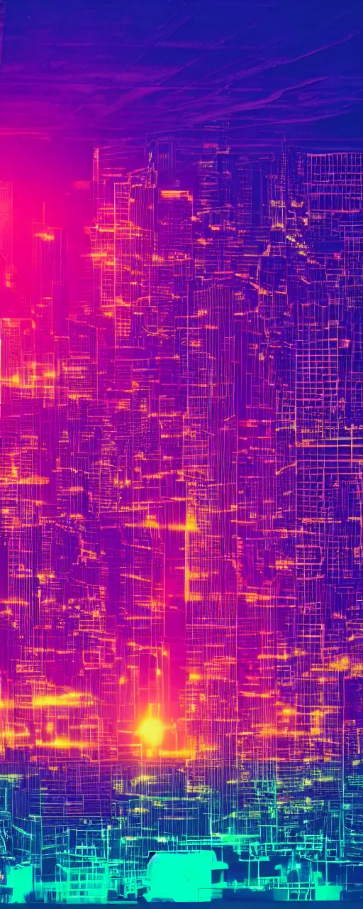 Image similar to night city, neon lights, retrowave grid, sunset