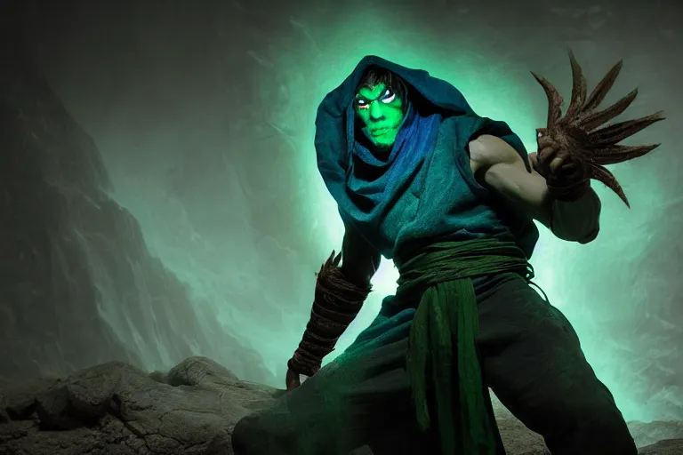 Image similar to vfx film, soul reaver, raziel irl, price of persia movie, missing jaw, hero pose, devouring magic souls, scarf, hood, glowing green soul blade, in epic ancient sacred huge cave temple, flat color profile low - key lighting award winning photography arri alexa cinematography, hyper real photorealistic cinematic beautiful, atmospheric cool colorgrade