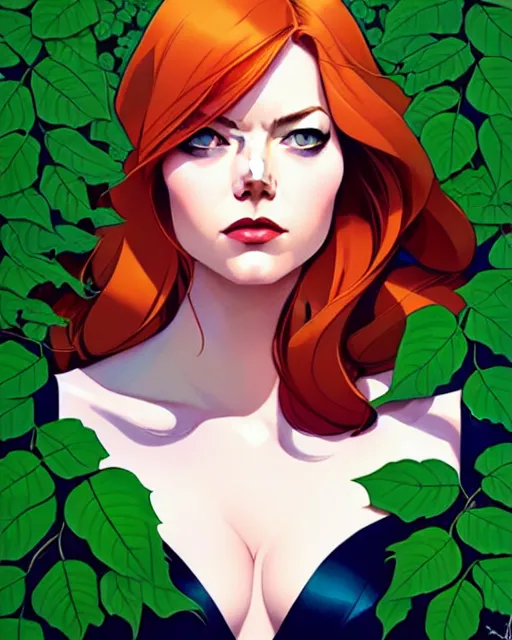 Image similar to joshua middleton, phil noto, artgerm, emma stone poison ivy dc comics, vines, symmetrical eyes, city rooftop