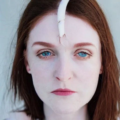 Image similar to close photo portrait of a pale skin woman wearing a white dress and long hook nose