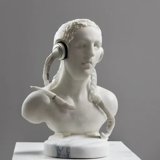 Image similar to a marble sculpture, using headphones in the bathroom