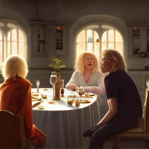 Image similar to michael mcintyre and middle aged blonde woman with short hair and a blonde woman with long hair having dinner, anatomy, bathed in light, highly detailed, photorealistic, artstation, smooth, sharp focus, illustration, unreal engine 5, 8 k, art by artgerm and greg rutkowski and edgar maxence