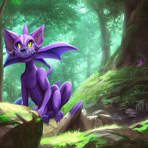 Prompt: concept art painting of an anthropomorphic purple humanoid furry dragon, in the deep forest, realistic, detailed, cel shaded, in the style of makoto shinkai and greg rutkowski and james gurney