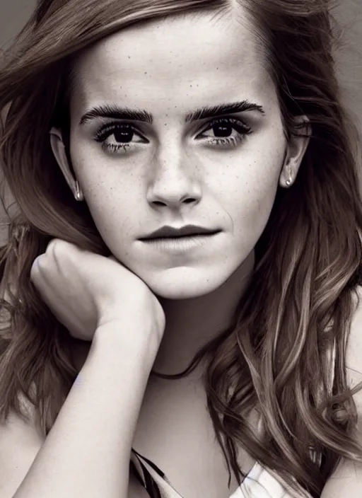 Image similar to Emma Watson for Cosmo, perfect face, hot summertime, full length shot, colorful, XF IQ4, 150MP, 50mm, f/1.4, ISO 200, 1/160s, natural light, Adobe Photoshop, Adobe Lightroom, DxO Photolab, Corel PaintShop Pro, rule of thirds, symmetrical balance, depth layering, polarizing filter, Sense of Depth, AI enhanced