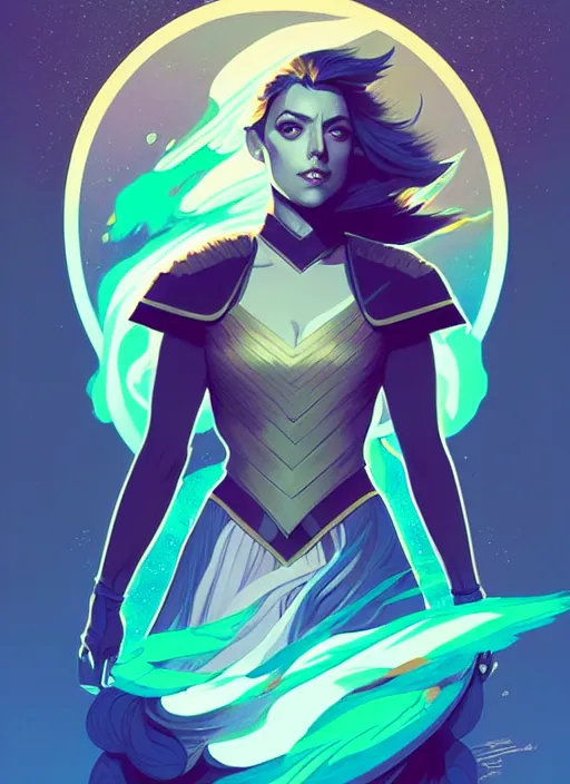 Prompt: style artgerm, joshua middleton, illustration, aubrey plaza as a warrior monk wearing green pelt light armor, blue hair, swirling water cosmos, fantasy, dnd, cinematic lighting