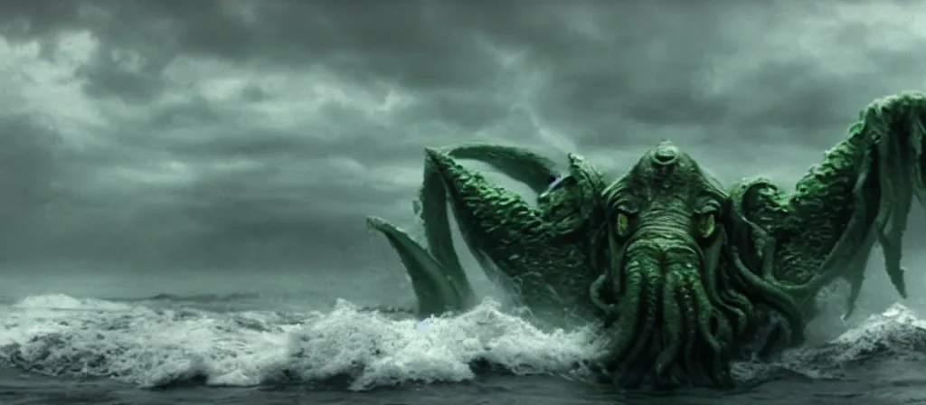 Image similar to A Still of one giant Cthulhu emerged from the ocean, water dripping off him, Cthulhu is gigantic, a tiny boat in the water beneath Cthulhu, you can see this from the beach looking out into a dark a storming ocean, Move shot film, gloomy