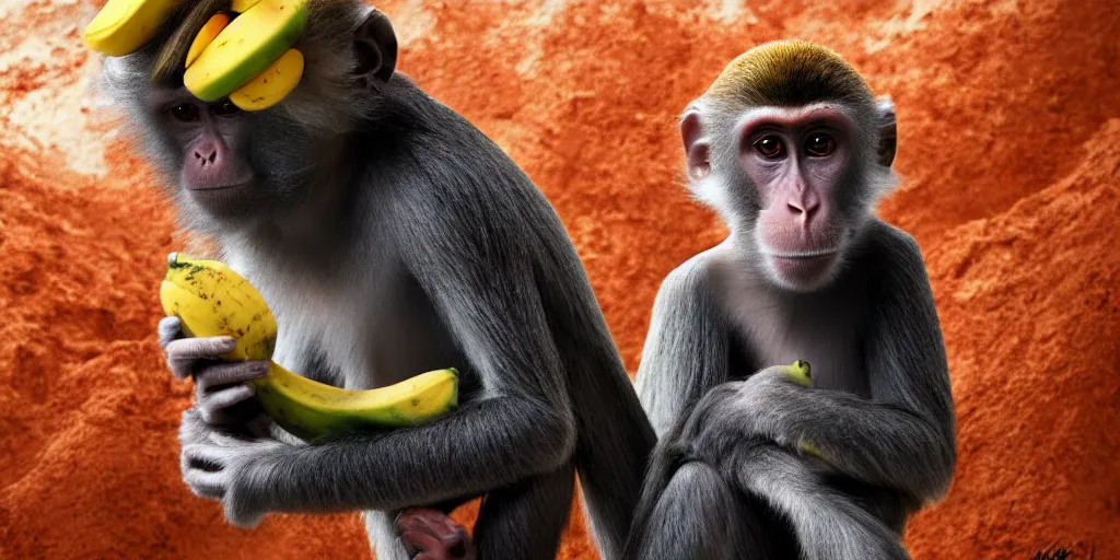 Prompt: a monkey on planet mars eating banana, artstation top, high definition, deviant art, extremely beautiful