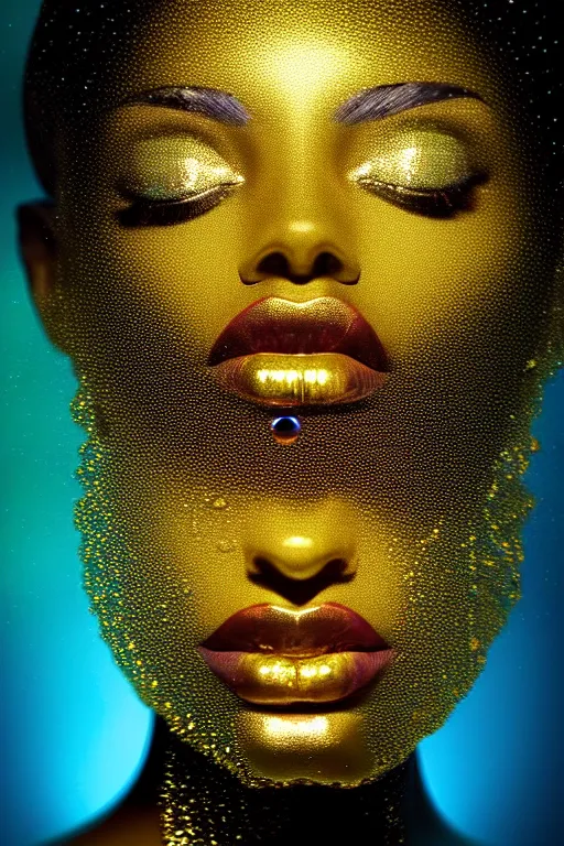 Image similar to hyperrealistic post - dada cinematic very expressive! profile black oshun goddess, shoulders from water!!, mirror dripping droplet!, gold flowers, highly detailed face, digital art masterpiece, smooth eric zener cam de leon, dynamic pearlescent teal light, low angle uhd 8 k, sharp focus