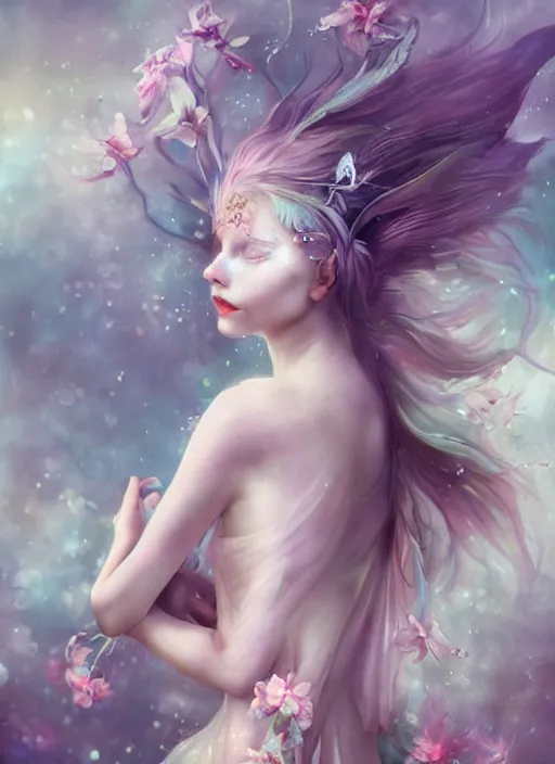 Prompt: beautiful barefoot young fairy with skin made of silver, summer street, in the style of anna dittman, fashion photography