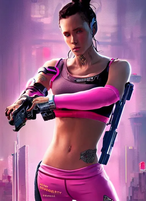 Image similar to beautiful cyberpunk female athlete wearing pink athletic gear. firing a futuristic red automatic pistol with huge magazine. ad for pistol. cyberpunk poster by james gurney, azamat khairov, and alphonso mucha. artstationhq. gorgeous face. painting with vivid color, cell shading. ( rb 6 s, cyberpunk 2 0 7 7 )