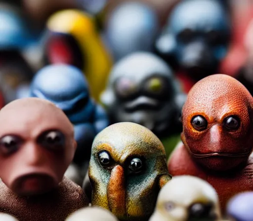 Image similar to miniature figurines of heironymus bosch monsters, close up, detail, tilt shift, product photography