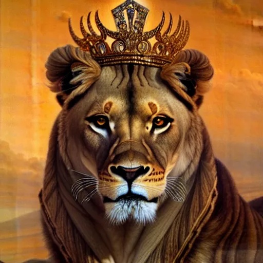 Image similar to highly detailed portrait of a majestic lioness queen in the form of a beautiful woman. d & d, art by donato giancola and evelyn de morgan and eugene delacroix and frank frazetta. trending on artstation, intricate details, energetic composition, golden ratio, concept art, illustration, elegant art, global illuminaition