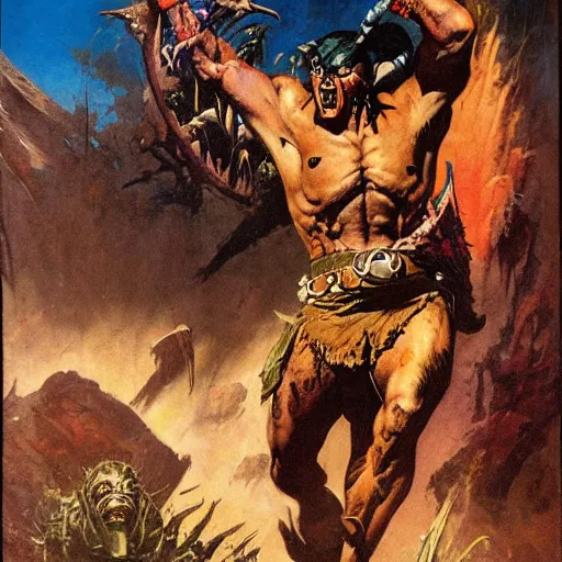 Image similar to turok cover art by frank frazetta