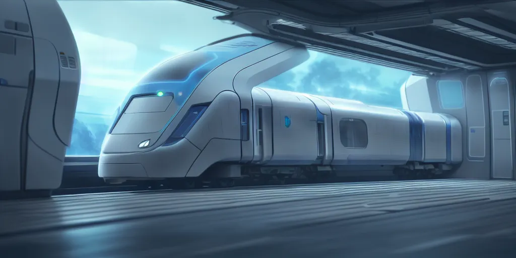 Image similar to futuristic train designed by apple, studio ghibli, pixar and disney animation, sharp, rendered in unreal engine 5, anime key art by greg rutkowski, bloom, dramatic lighting