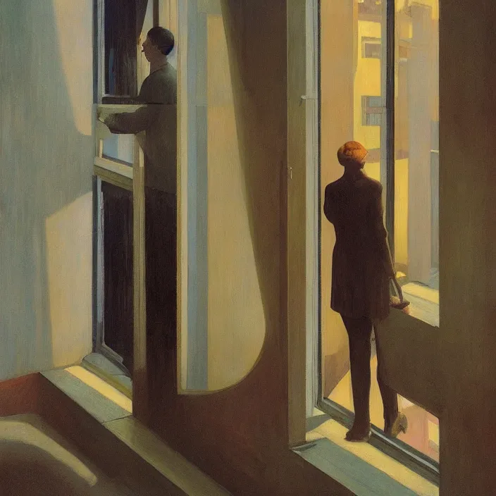 Image similar to people inside flooded museum looking through the window Edward Hopper and James Gilleard, Zdzislaw Beksinski, highly detailed