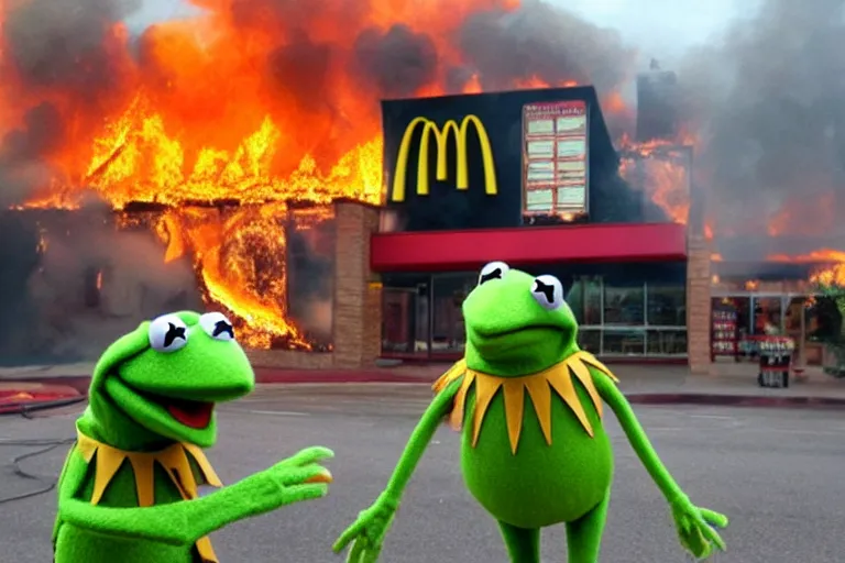 Prompt: Kermit the Frog posing for a photo in front of a McDonalds covered in fire and flames